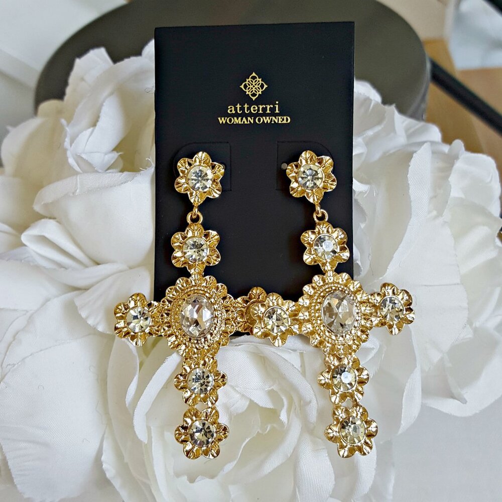 NEW! DRAMATIC Glass CRYSTALS CROSS EARRINGS